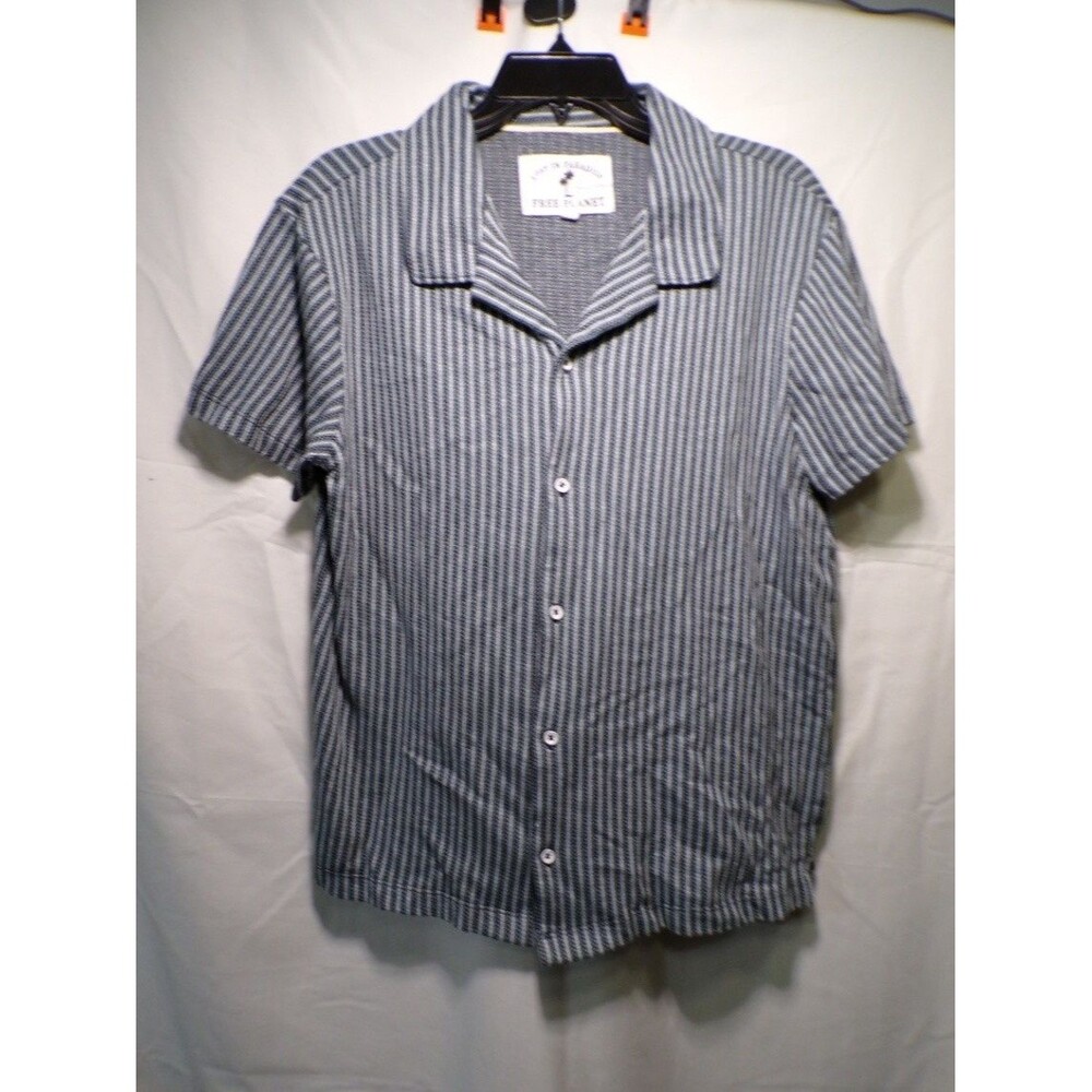 Free Planet Men's M Short Sleeve Button Up Striped Casual Shirt Gray